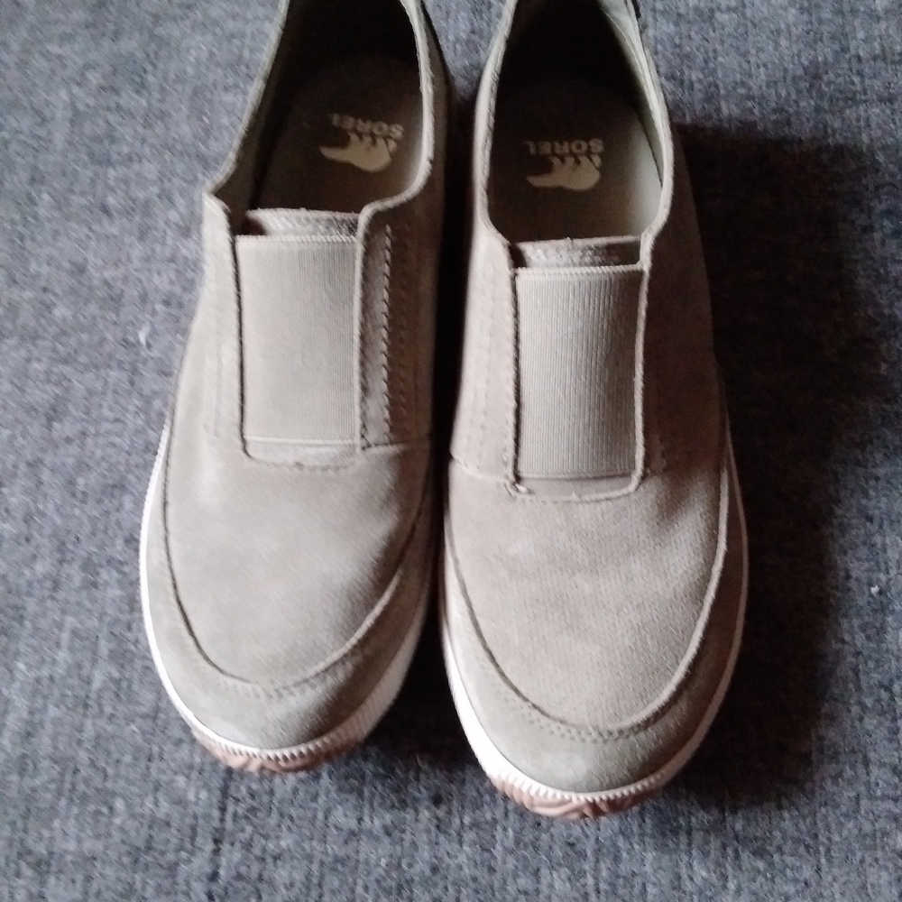Sorel Out N About Plus sage green suede women's slip on sneakers